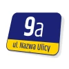 Street name and number sign - Rectangular sign with a blue background, white number, and yellow text.