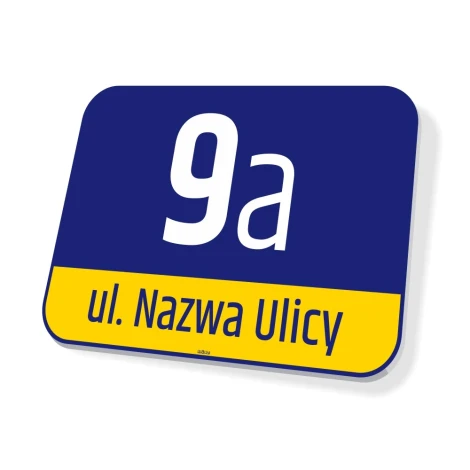 Street name and number sign - Rectangular sign with a blue background, white number, and yellow text.