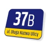 Street name and number sign - Rectangular sign with blue background, white number, and yellow text.