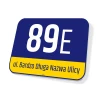 Street name and number sign - Graphic design. Rectangle with blue background, white numbers, and yellow stripe with text.