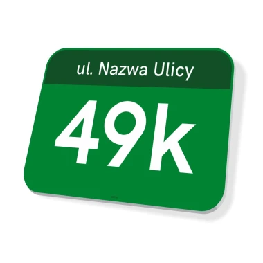 Street name and house number sign - Rectangular plaque with a green background and white text.