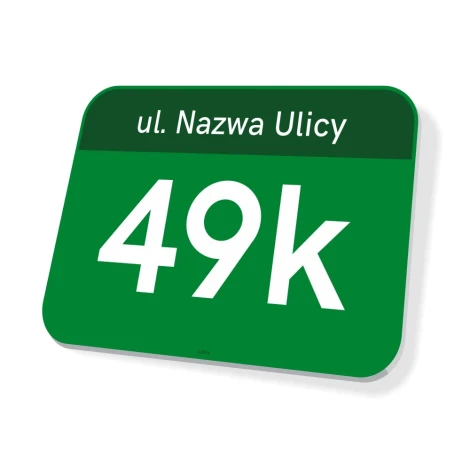 Street name and house number sign - Rectangular plaque with a green background and white text.