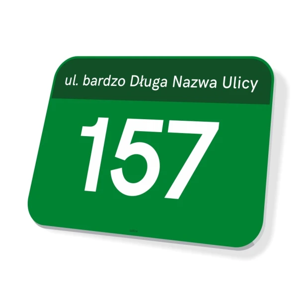 Street name and house number sign - Rectangular green plaque with white lettering.