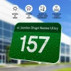 Street sign with house number - Graphic design. Green sign with white number 157, water droplet pattern.