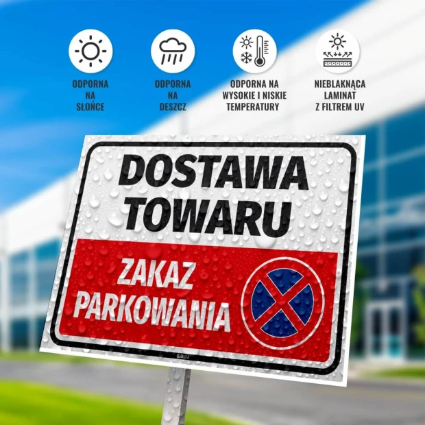 No Parking Sign - Delivery Area - Graphic Design. Red text on a white background, parking prohibition symbol.