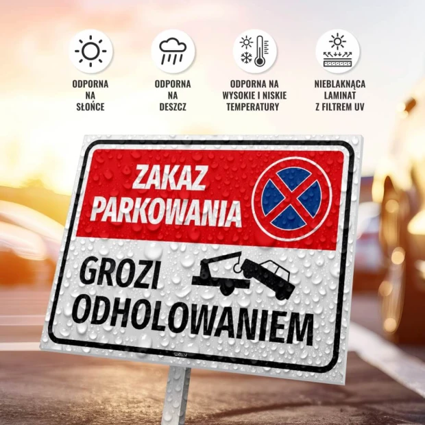 No Parking Sign - Towing Warning. Red and white rectangle with a crossed-out symbol.