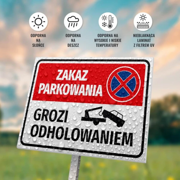 No Parking Sign, Towing Risk - Graphic Design. Rectangular sign with a red background and white text.
