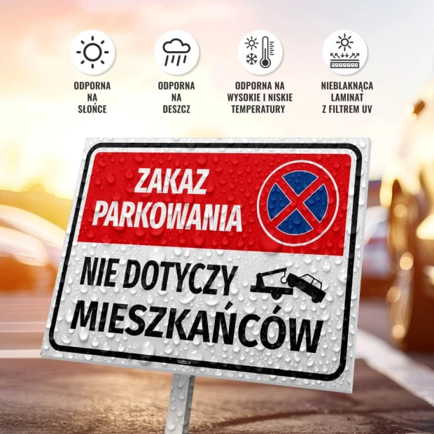 No Parking Sign - Not Applicable to Residents - Graphic Design. Red background with white text and prohibition symbol.
