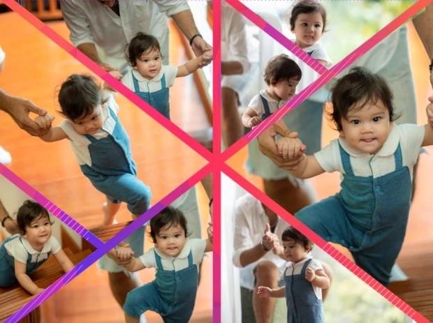 Collage poster with photos 40x50 cm - Graphic design. Features various shots of a child in blue clothing.