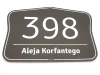 Address plaque with house number - Graphic design. Simple shape with large digits and street name on a solid color background.