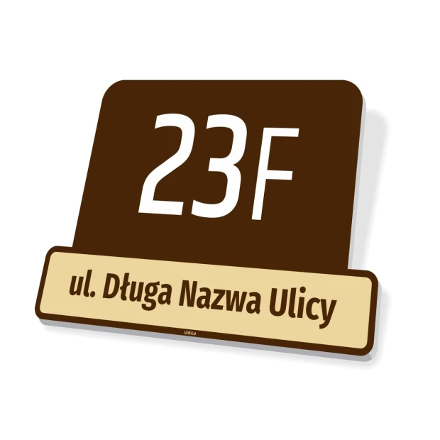 Address plaque with house number 23F and street name in two colors, rectangular design.