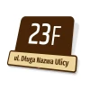 Address plaque with house number 23F and street name in two colors, rectangular design.