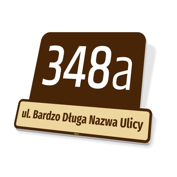 House number sign with graphic design. Rectangular plaque featuring large digits and text on a light background.