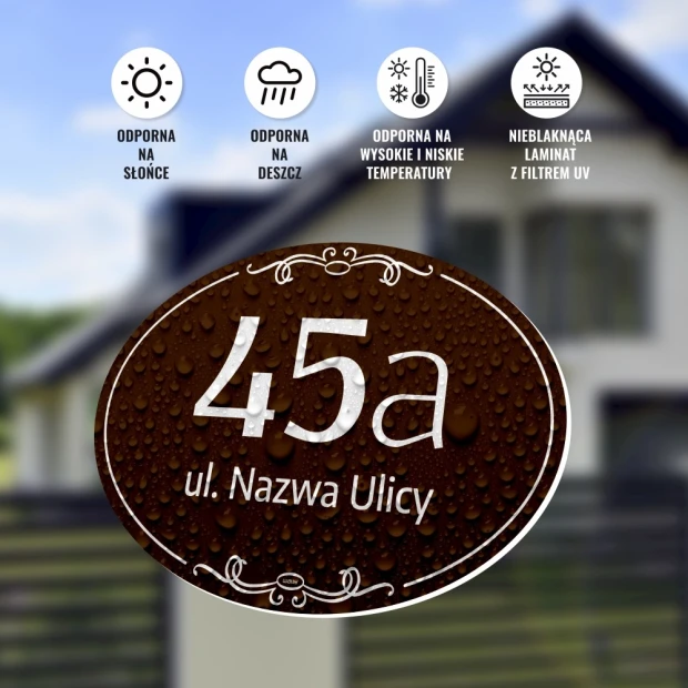 Address plaque, house number - Graphic design. Oval shape, light number on dark background, water droplets.
