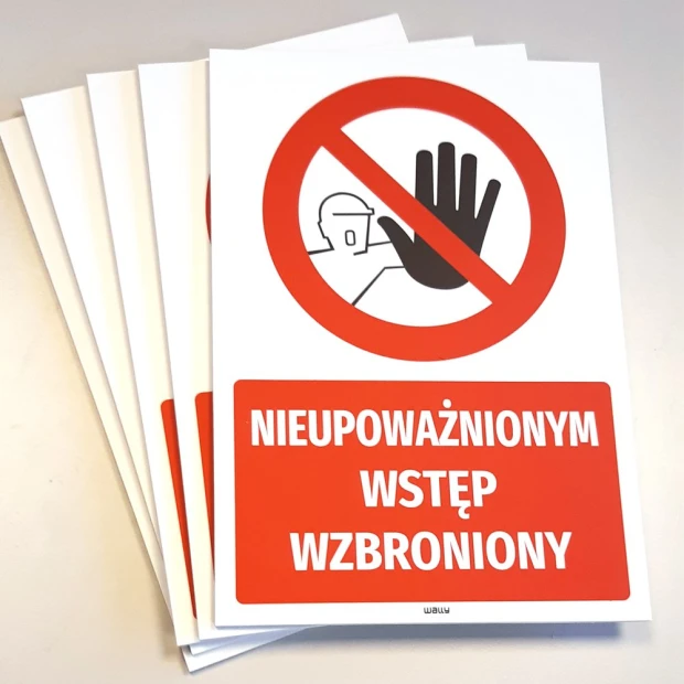 Safety sign: Unauthorized entry prohibited - Graphic design with a red circle, crossed figure, and hand. Text included.