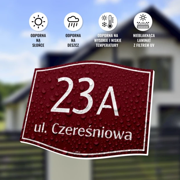 Address plaque for buildings - Rectangular shape with rounded corners, graphic design, text in color.