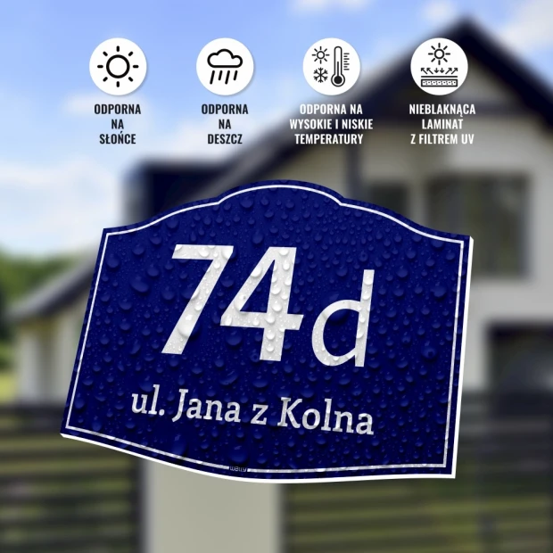 House plaque with number and address - Graphic design. Oval shape with blue background, white number, and text.