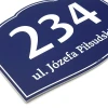 House plaque with number and address - Graphic design. Rectangular plaque with rounded corners, dark blue background.