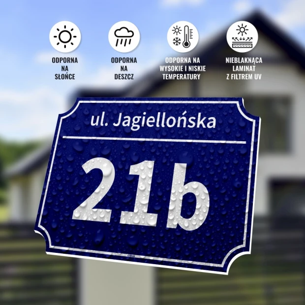 Address plaque with a graphic design. Rectangular shape, blue background, white text, and droplets.