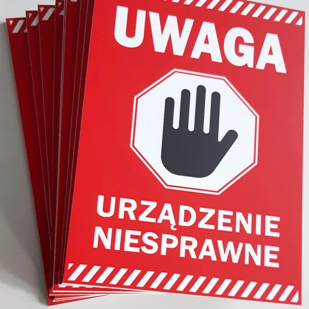 Warning sign: Device malfunction - Graphic design. Red background with white text and hand symbol.