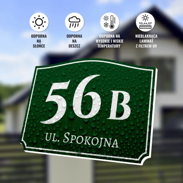 Green address plaque with white numbers and text, featuring a graphic design and water droplet accents.