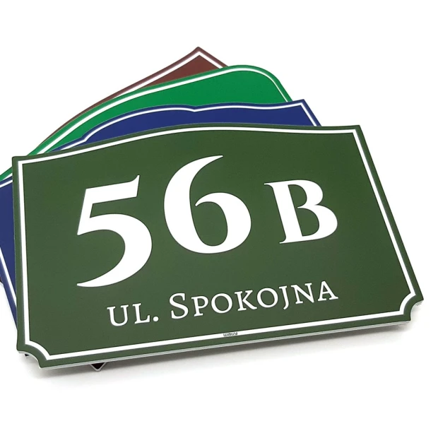Address and house number plaque - Rectangular design with white text on a green background.