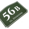 Address plaque with house number - Graphic design. Rectangular plaque with white text on a green background.
