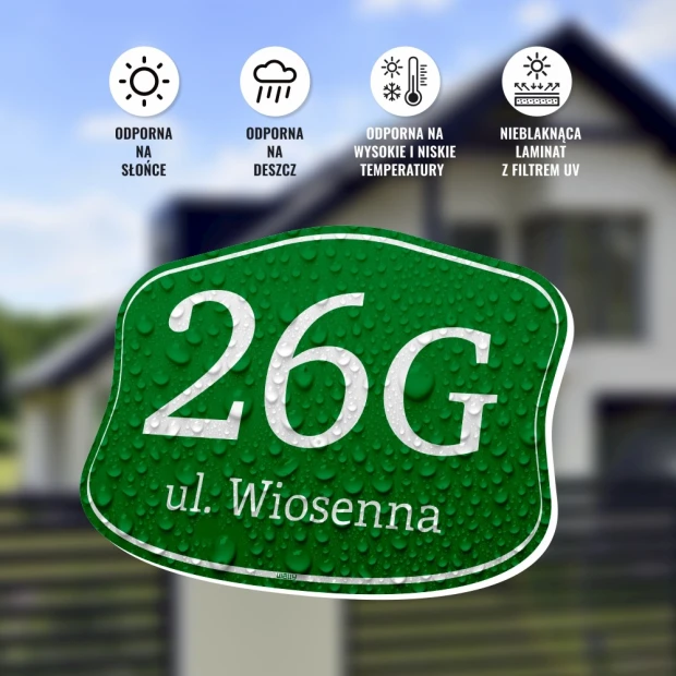 Address plaque with house number - Graphic design. Round shape, green background, white numbers and text.
