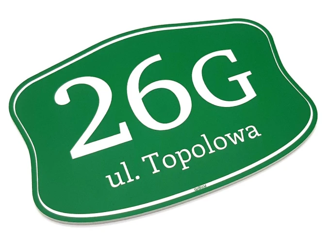 Green address plaque with white lettering and rounded edges. Perfect for home numbering.