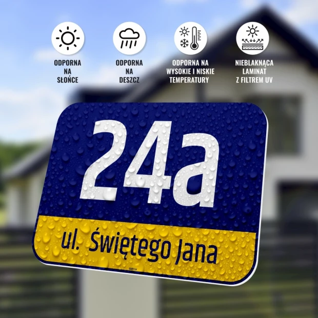Street name and number sign - Graphic design. Rectangle with blue background, white text, and yellow stripe.