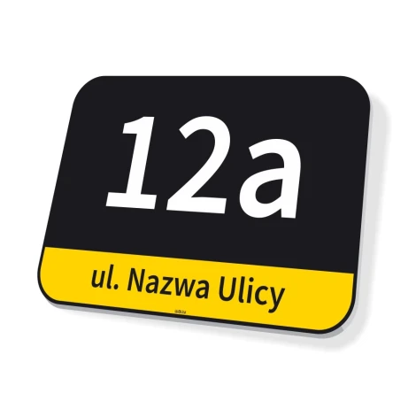House number and street sign Katowice - Graphic design. Rectangular sign with black background, white number, and yellow accents.