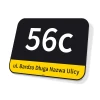 House number and street sign Katowice - Graphic design. Rectangular sign with black background, white numbers, and yellow.