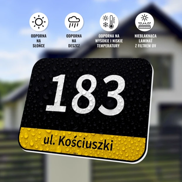 House number and street sign Katowice - Graphic design. Simple style with large digits and text on a water droplet background.
