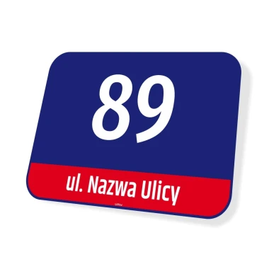 House number plaque with street name, Warsaw - Graphic design. Simple shape, large digits on a dark background, text at the bottom.