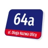House number sign with street name, Warsaw - Graphic design. Rectangular sign with large numbers and text on a background.
