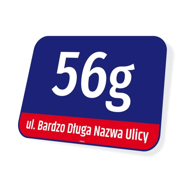 House number plaque with street name, Warsaw - Graphic design. Simple blue rectangle with white number.