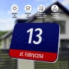 House number sign with street name, Warsaw - Graphic design. Rectangular shape with blue background, white number 13, and red stripe.