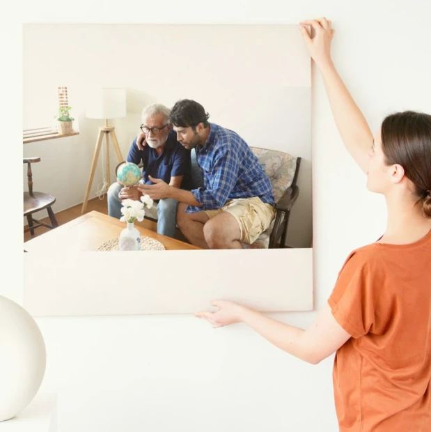 Photo poster 50x50 cm - Living room decor. Light walls, wooden furniture, table with flowers.