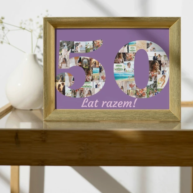 Photo collage gift in the shape of a number, 20x30 cm - Styled in a bright room with white walls.