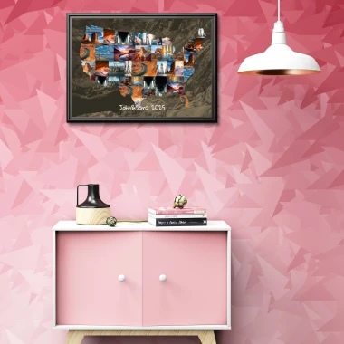 Collage poster of photos in various shapes 40x50 cm - Living room decor. Walls in shades of pink.