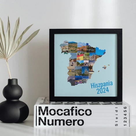 Collage poster of photos in various shapes 50x50 cm - Graphic design. Shape of Spain filled with different images.