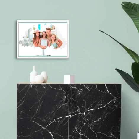 Collage poster in various shapes, 50x70 cm - Living room arrangement. Light-colored walls, dark furniture.