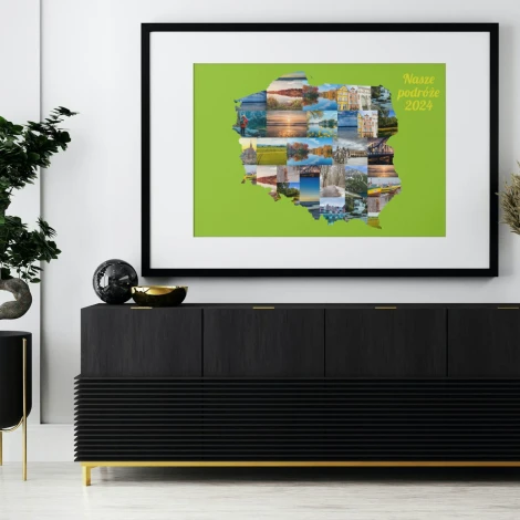 Collage poster made of photos in various shapes, 70x100 cm - Modern interior arrangement with light-colored walls.