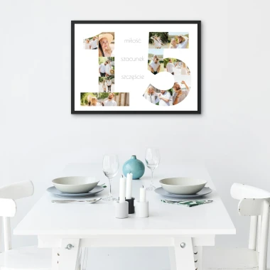 Photo collage gift in number shape, 40x50 cm - Dining room setup with white furniture, light walls, and a set table.