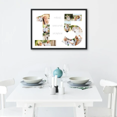 Photo collage gift in number shape, 40x50 cm - Dining room setup with white furniture, light walls, and a set table.