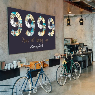 Photo collage gift in the shape of a number, 70x100 cm - Café arrangement with gray walls and a raw finish.