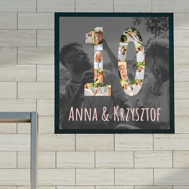 Photo collage gift in number shape, 50x50 cm - Graphic design. Number 10 filled with photos, names at the bottom.