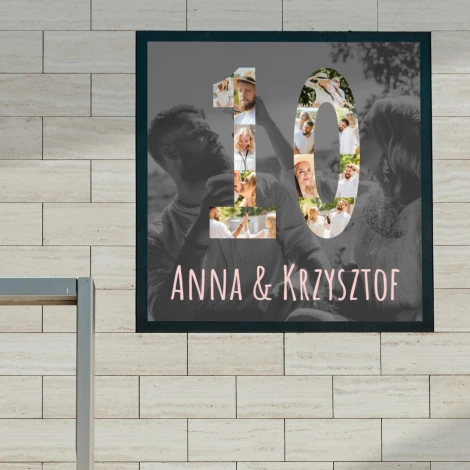 Photo collage gift in number shape, 50x50 cm - Graphic design. Number 10 filled with photos, names at the bottom.