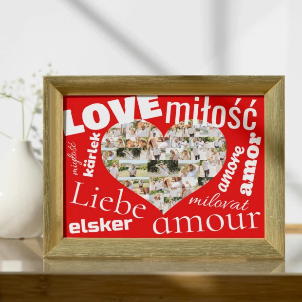 Photo poster 70x100 cm - Graphic design. Heart filled with photos and text in various languages.