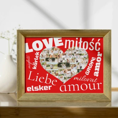 Heart-shaped photo collage poster 30x40 cm - Graphic design filled with photos and text in various styles.